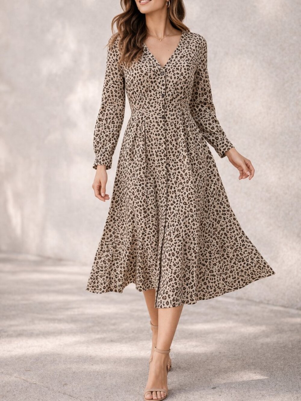 J. Crew Leopard Print Button Front Midi Dress A-Line Long Sleeve Size 2